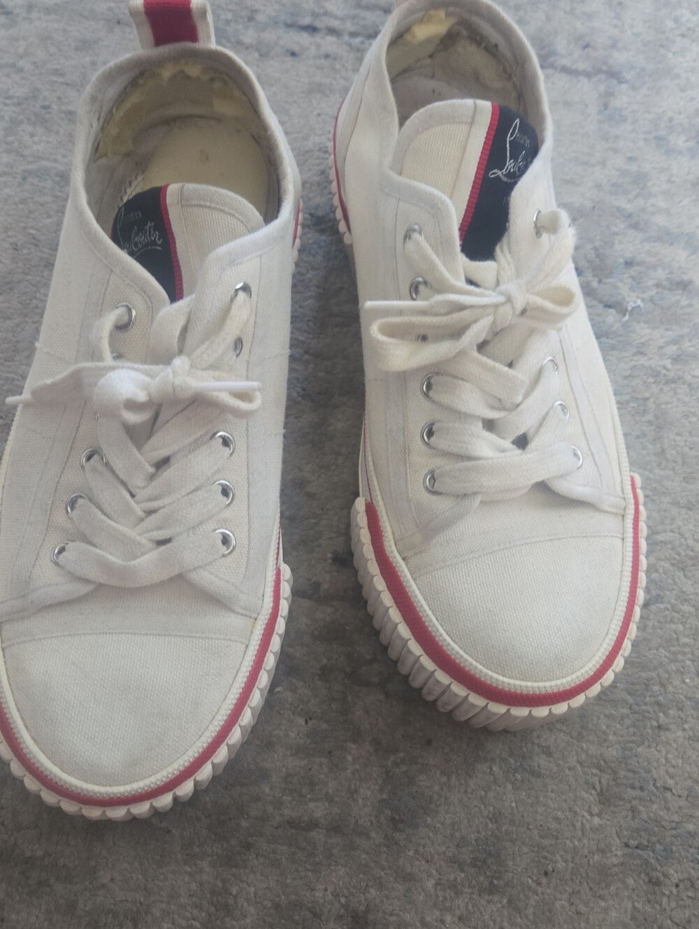 Christian Louboutin White Canvas Sneakers with Red Trim